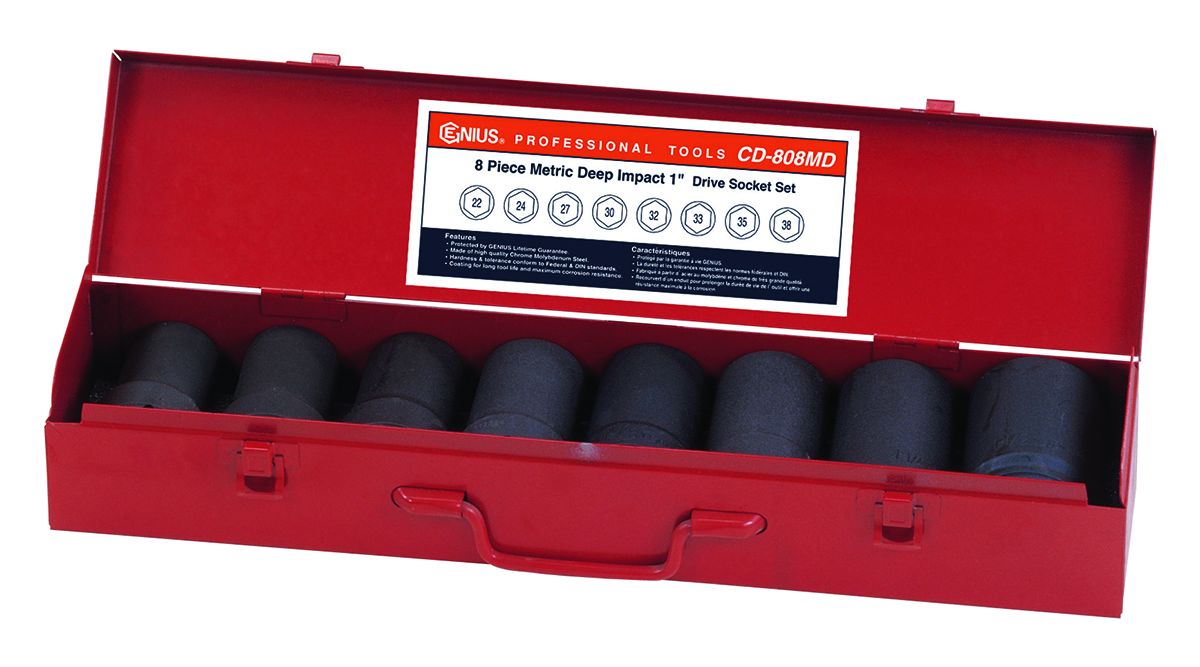 Genius CD-808MD - Deep Impact Socket Set 8 Pcs 22 to 38 mm Metric, 1" Drive 6 Pt