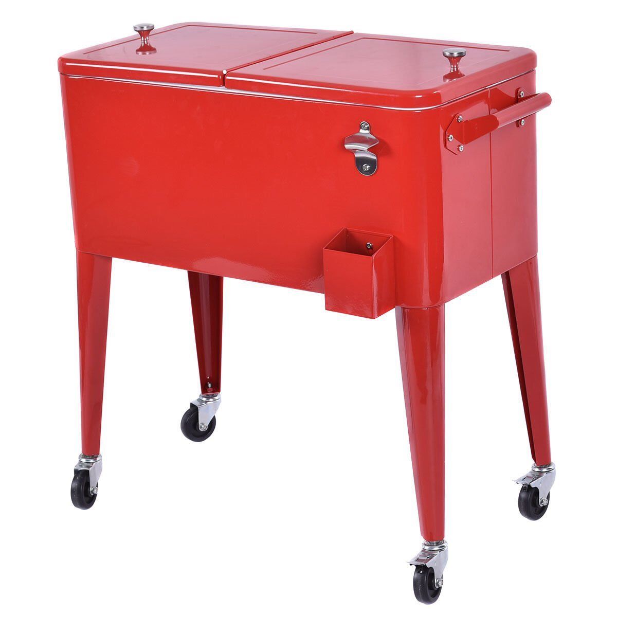 PatioZone 80QT (76L) Vintage Rolling Cooler Cart w/Lid and Bottle Opener, Steel Frame (MOSS-2003R) - Red