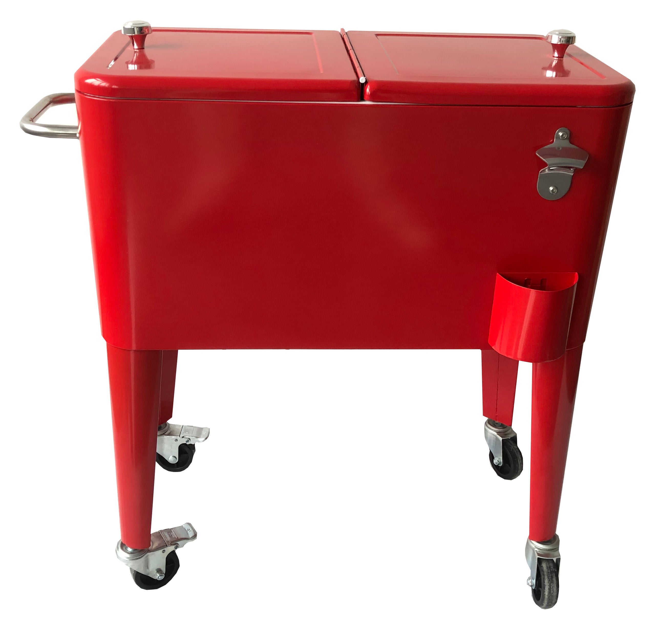 PatioZone 60QT (57L) Vintage Rolling Cooler Cart w/Lid and Bottle Opener, Steel Frame (MOSS-2006R) - Red