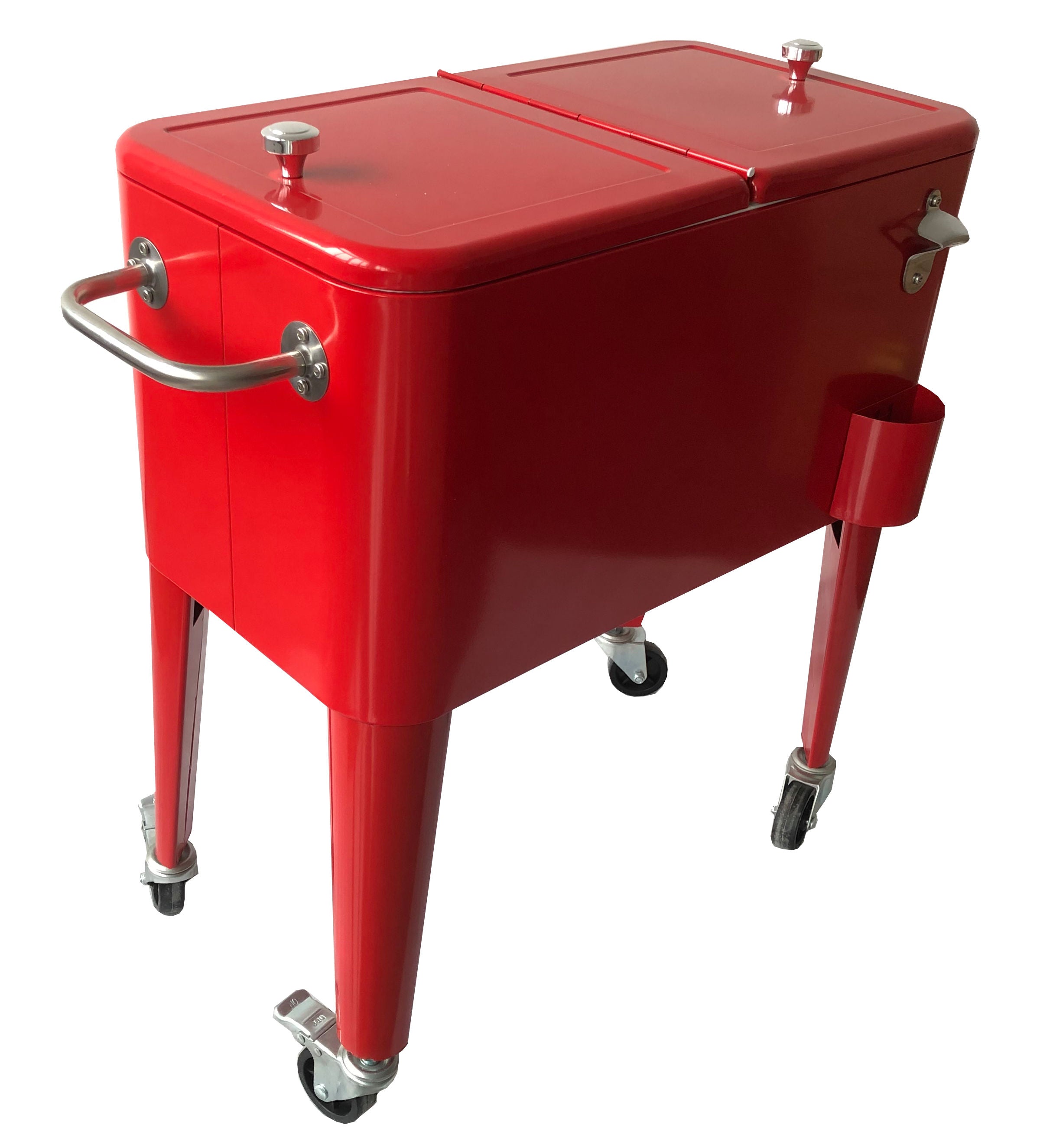 PatioZone 60QT (57L) Vintage Rolling Cooler Cart w/Lid and Bottle Opener, Steel Frame (MOSS-2006R) - Red