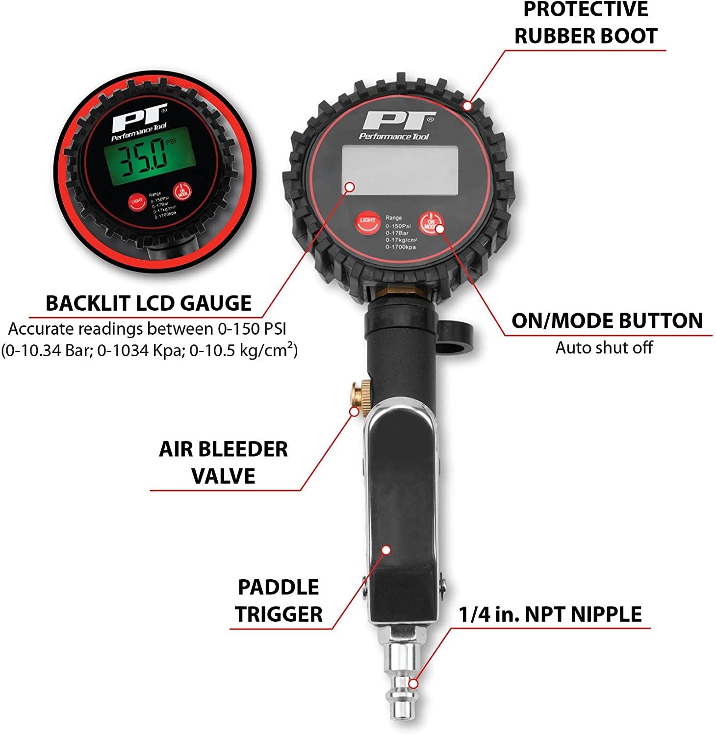 Performance Tool M526 - HD Digital Tire Inflator with Gauge Kit, 0-150 PSI