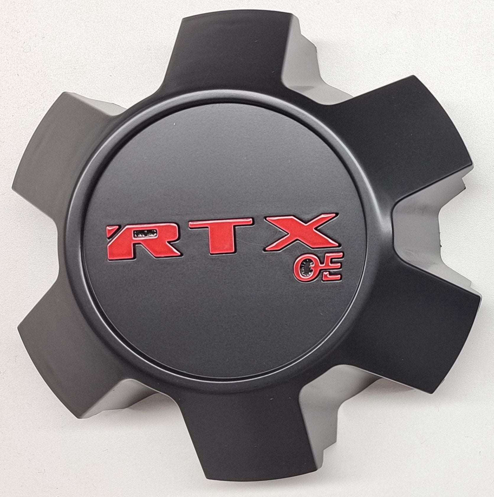 RTX 7487K130BB1M5OE - Center Cap Satin Black RTXoe Red Embossed Black Background