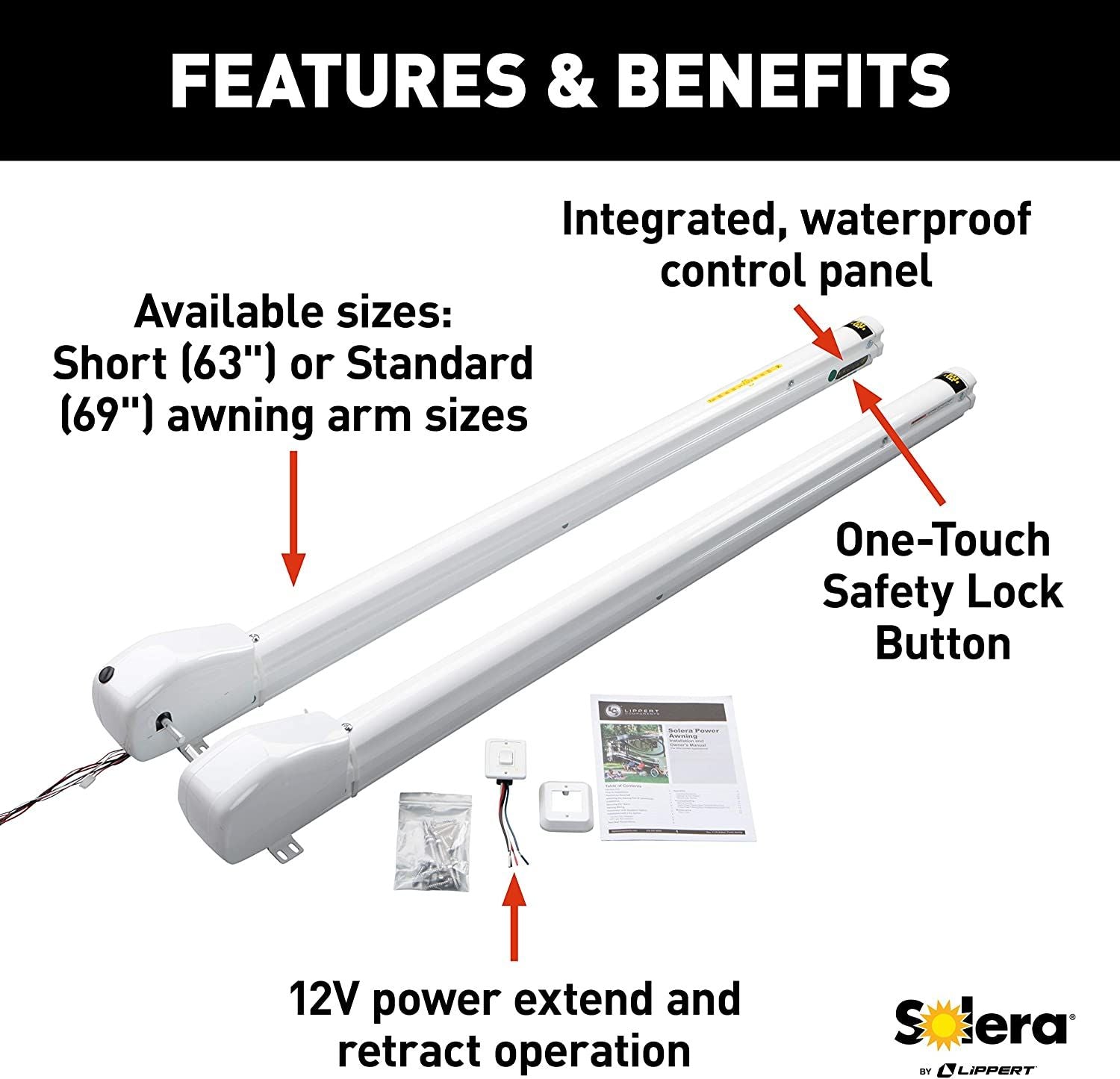 Lippert Components 759404 - Solera Smart Arm™ 12V RV Awning Arms & Hardware Kit - 63" Short White