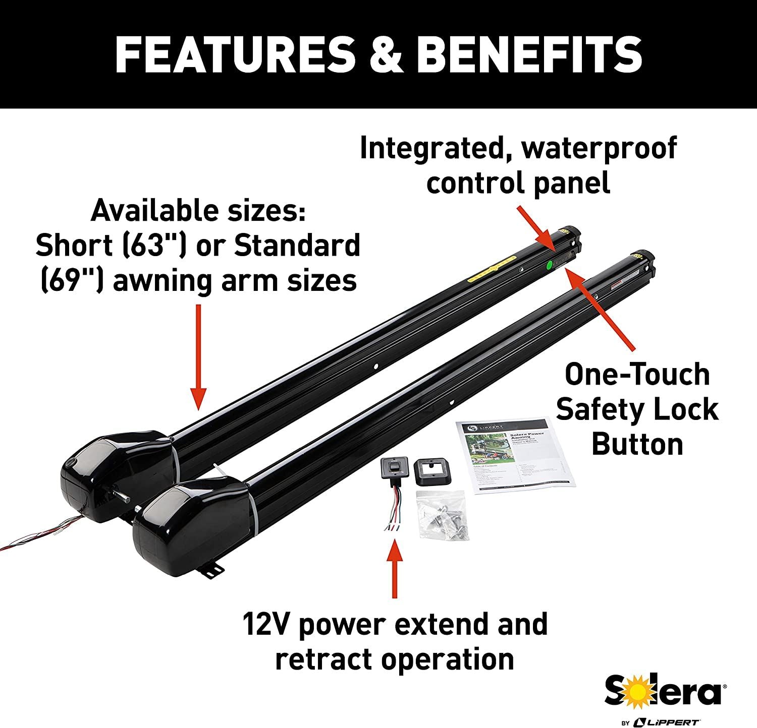 Lippert Components 759517 - Solera Smart Arm™ 12V RV Awning Arms & Hardware Kit - 69" Short Black