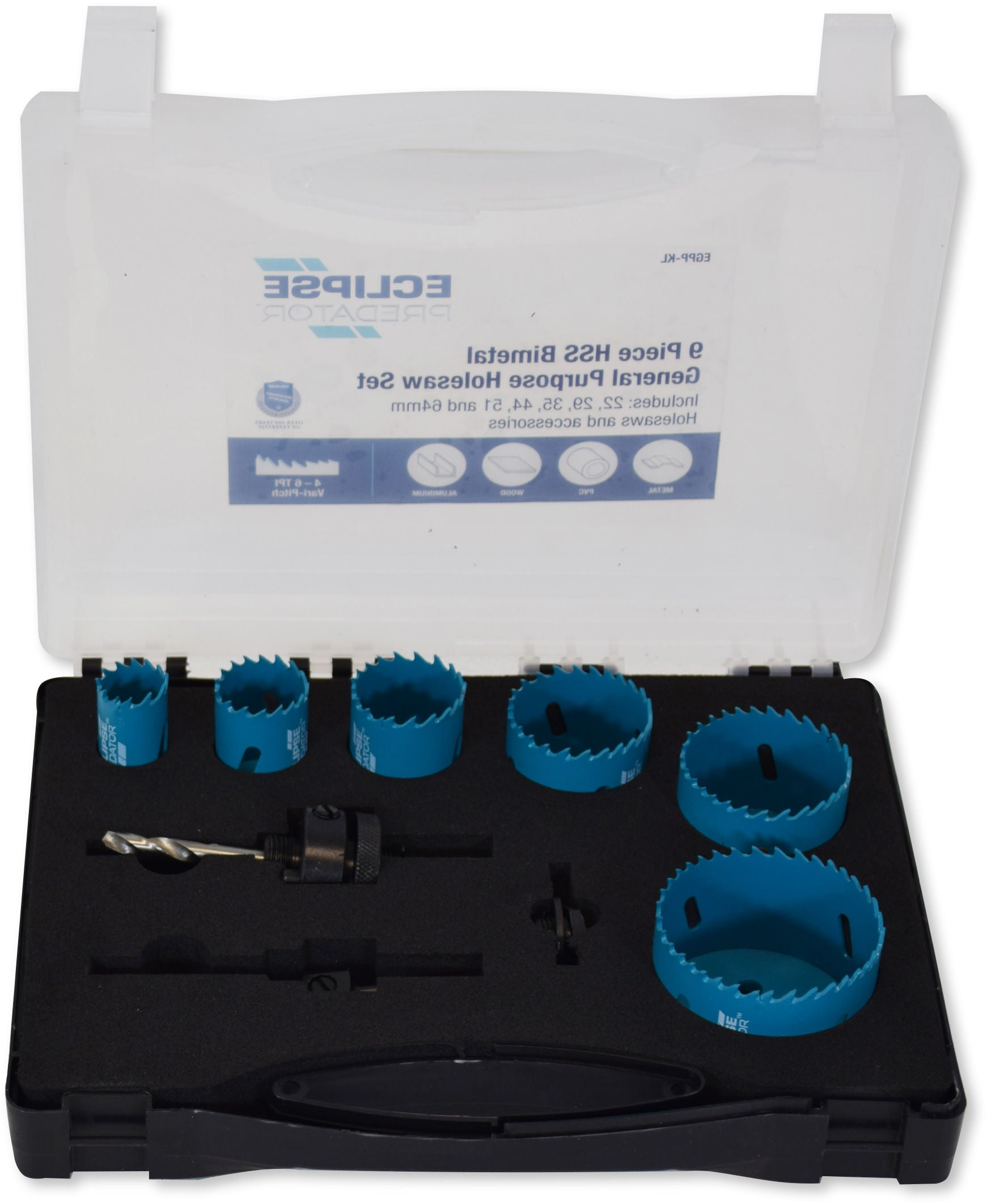 Eclipse EGPP-KL - 9 Piece HSS Bimetal Holesaw General Purpose Kit