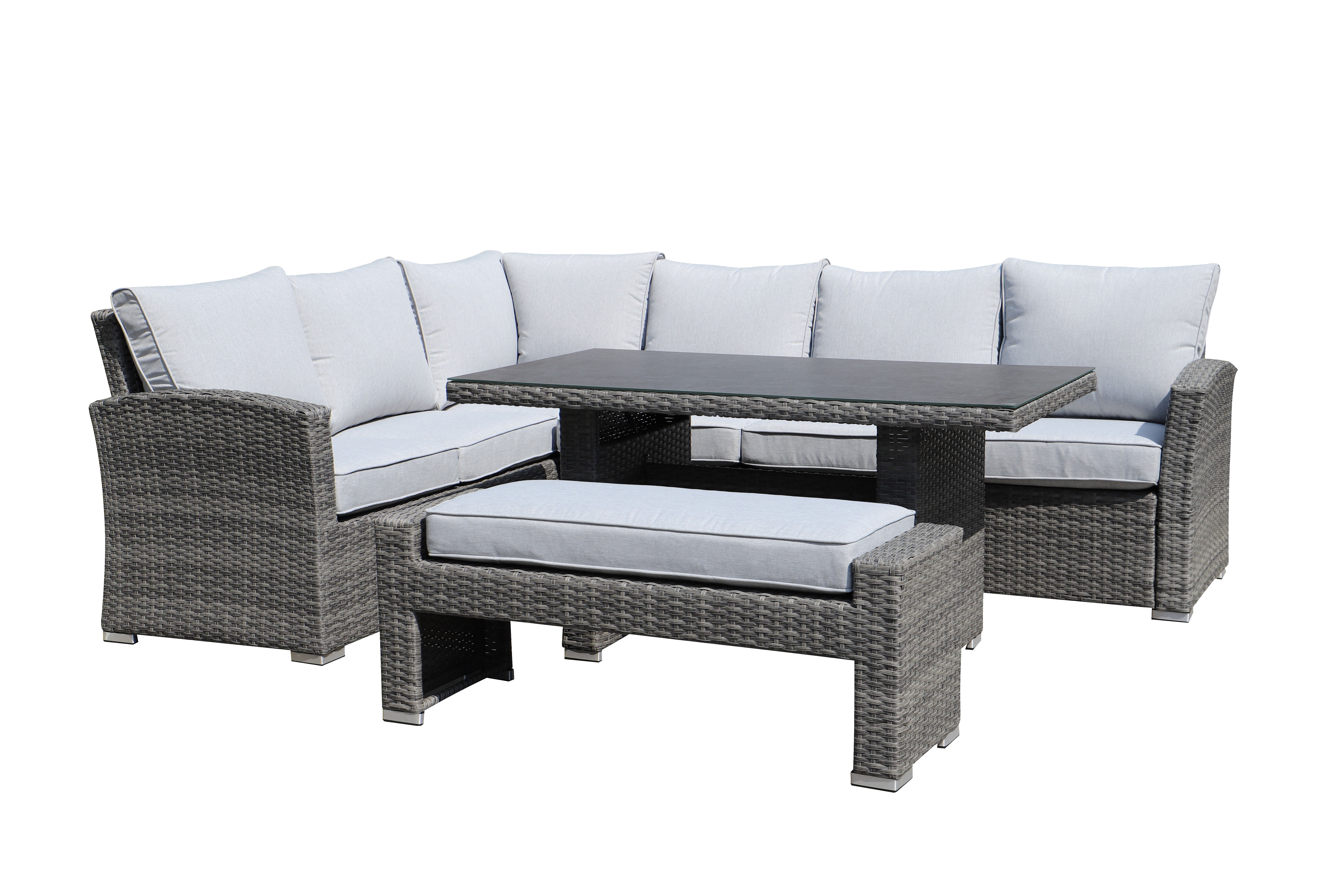 PatioZone 4Pcs Dining Corner Set Flat Wicker with 4" Olefin Cushions and Aluminum Frame (MOSS-092GGP) - Black / Grey