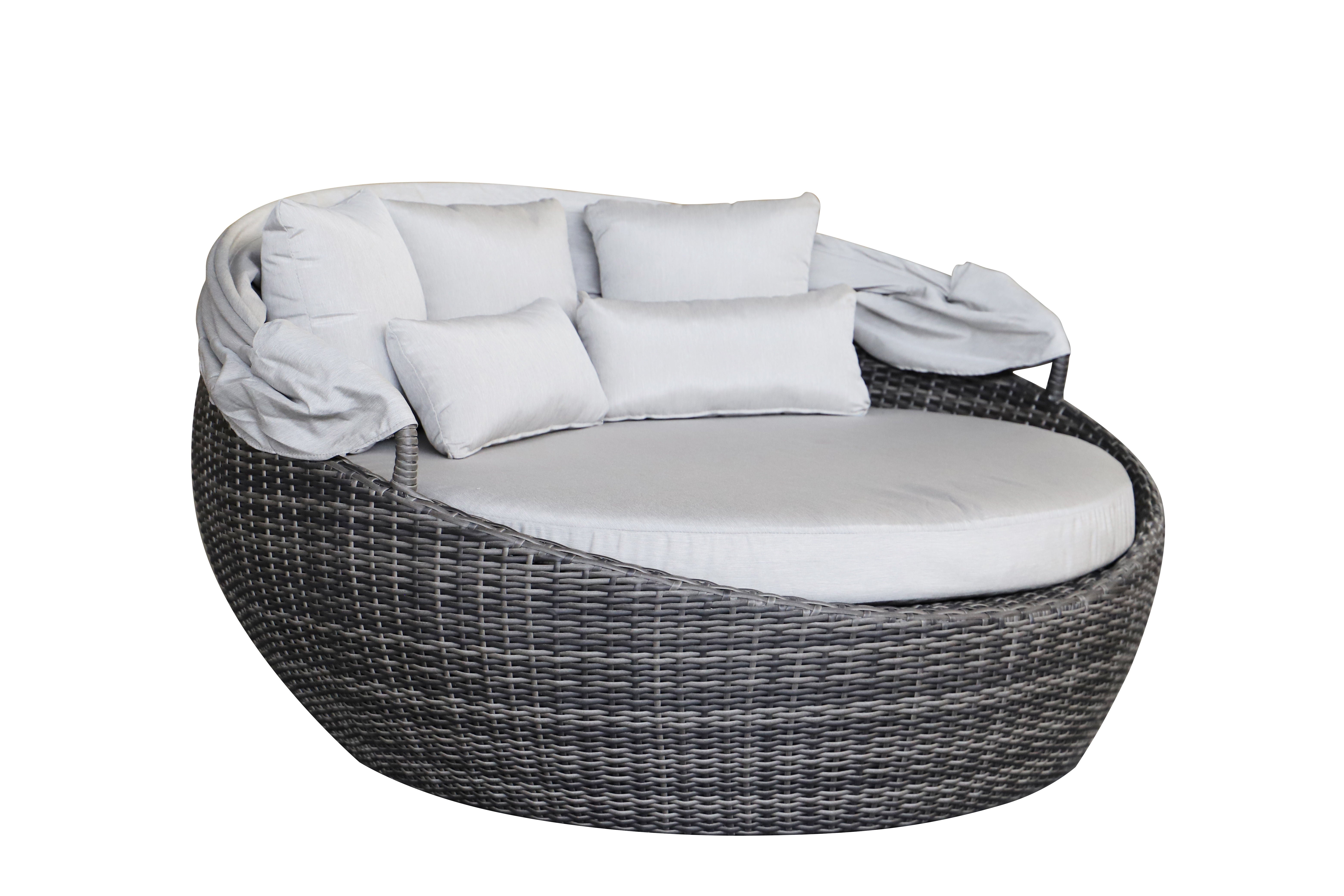 PatioZone Luxury Daybed in Wicker (Cover Incl.) 5" Polyester Cushion and Aluminum Frame (MOSS-0934GB) - Grey-Brown / Sand