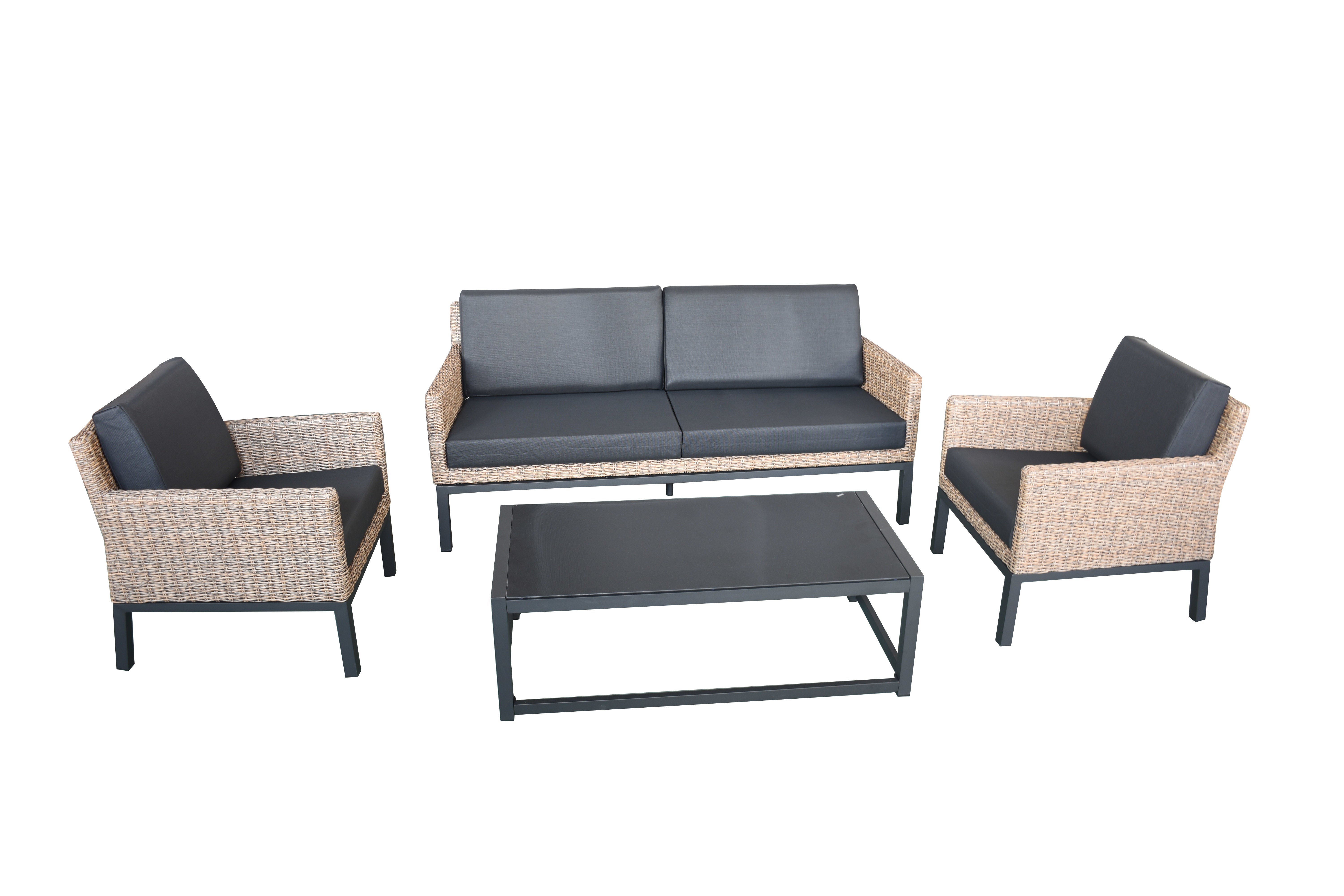 PatioZone 4Pcs Conversation Set with 4" Quick-Dry Cushions and Aluminum Frame (MOSS-DR0827T) - Tan / Black