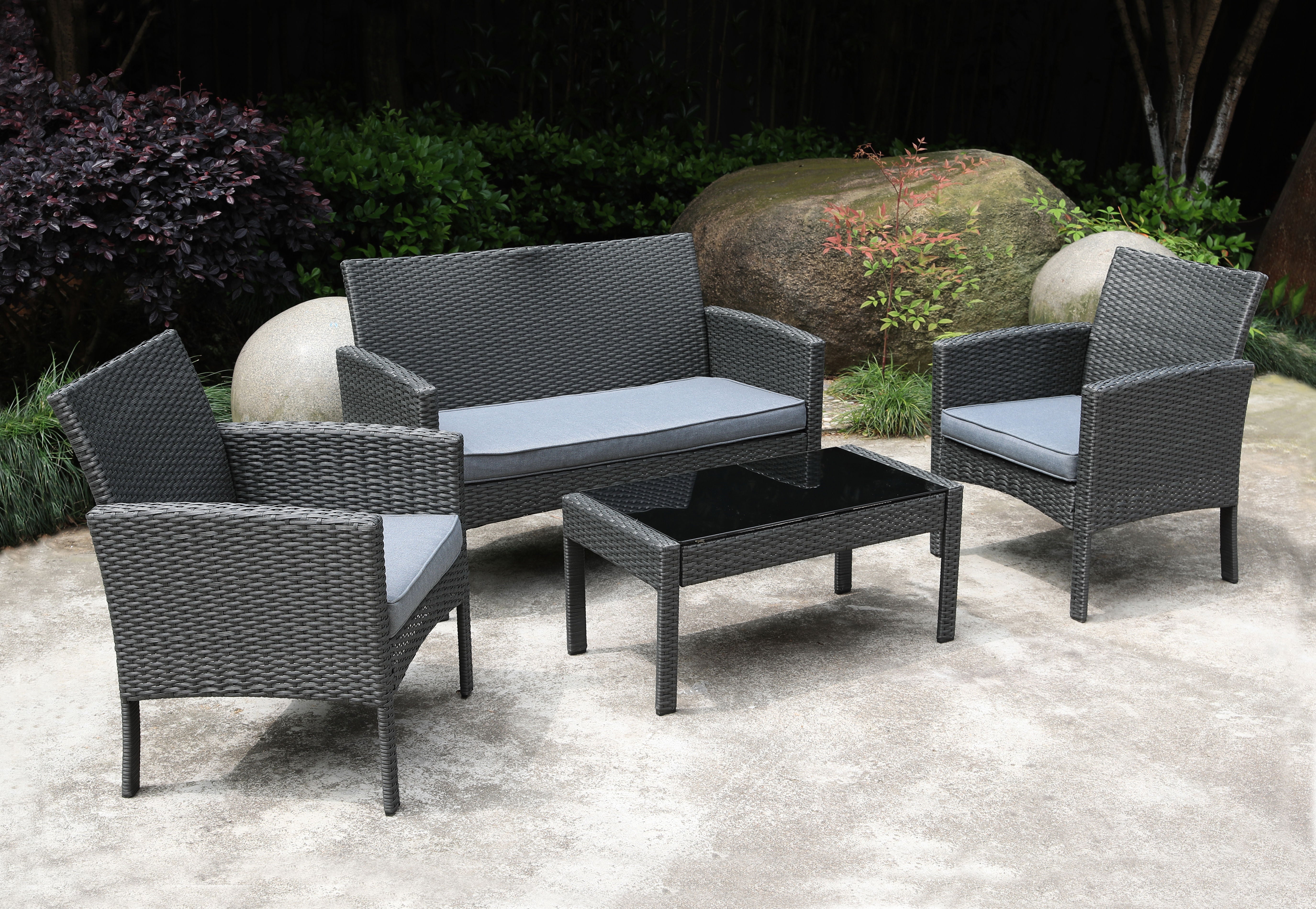 PatioZone 4Pcs Wicker Conversation Set with Polyester Cushions and Steel Frame (MOSS-MT22-607) - Black / Grey