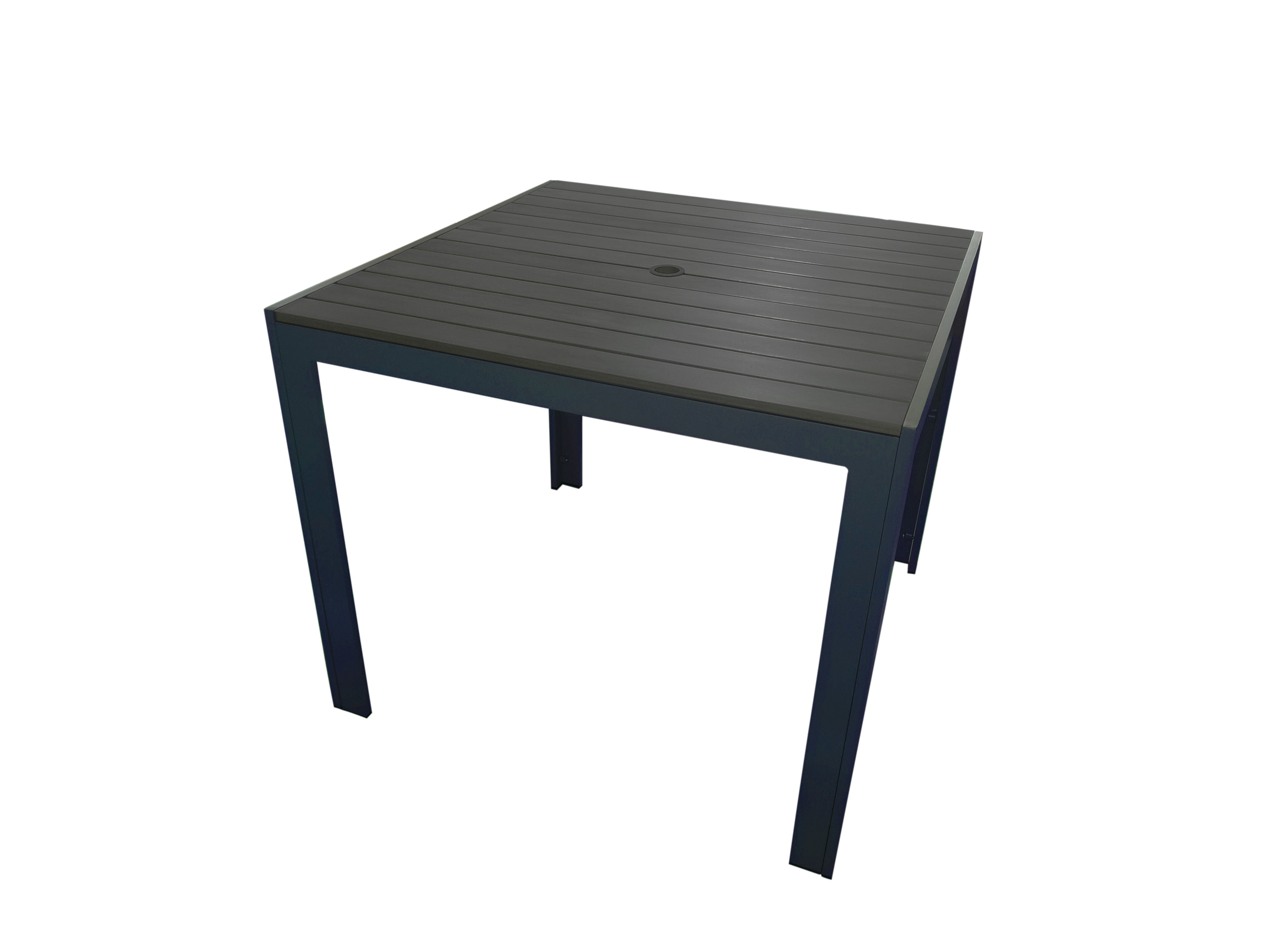 PatioZone Square Condo Table with Polywood Slats Tabletop w/ Umbrella Hole and Aluminum Frame (MOSS-T302C) - Matte Charcoal