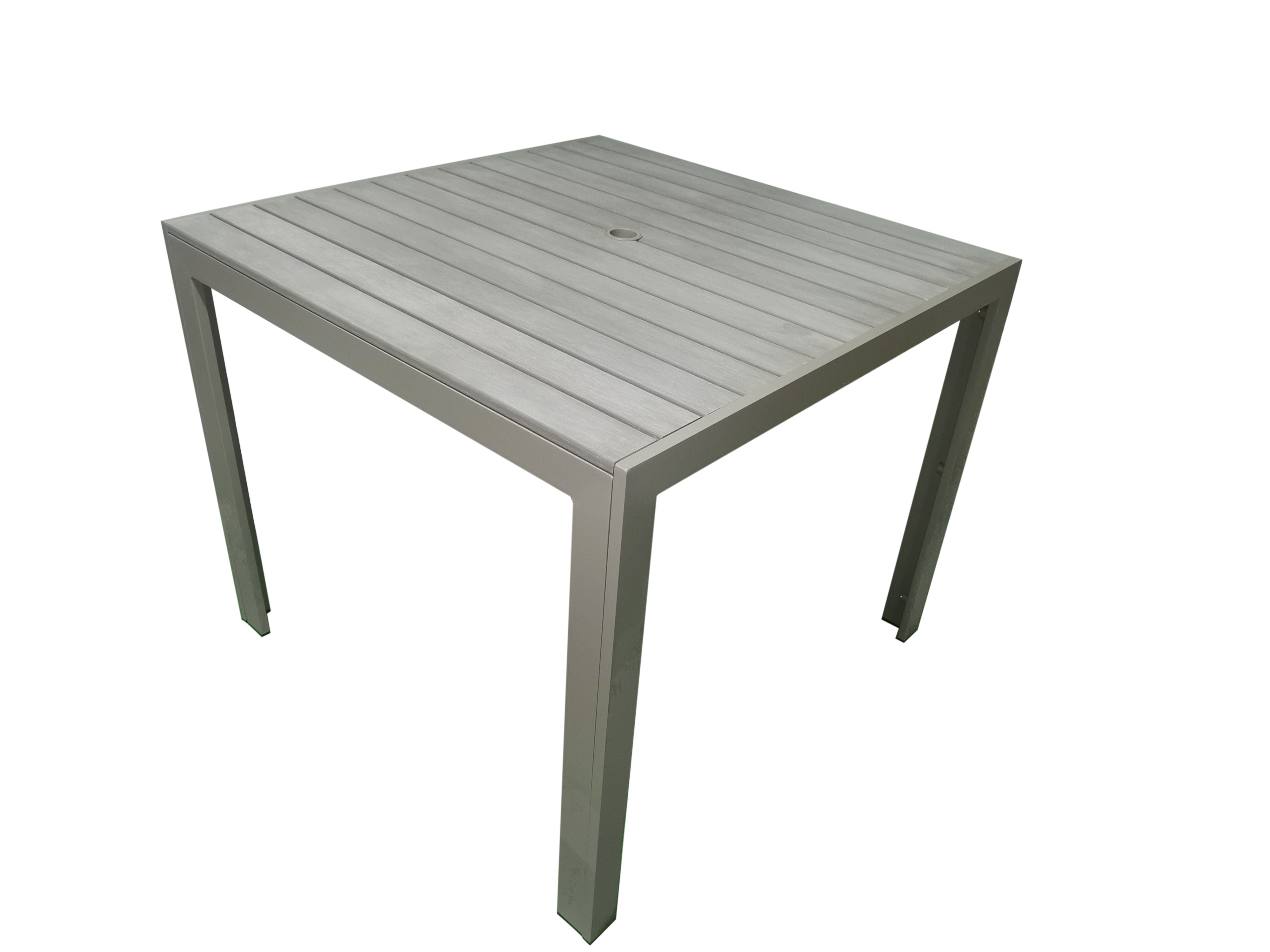 PatioZone Square Condo Table with Polywood Slats Tabletop w/ Umbrella Hole and Aluminum Frame (MOSS-T302T) - Matte Taupe