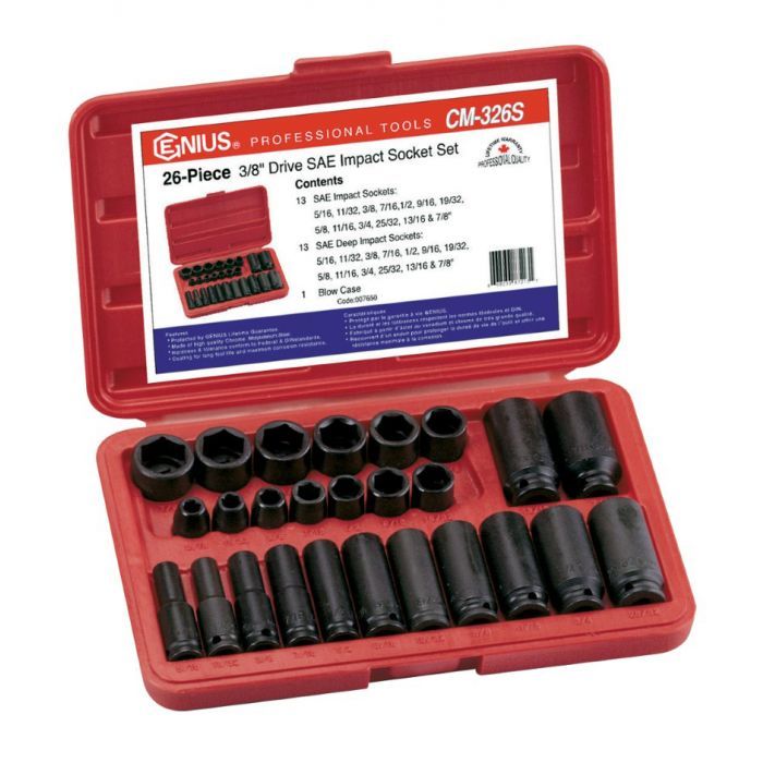 Genius CM-326S - 3/8" Drive Impact Socket Set 26 Pcs, 6 Pan SAE